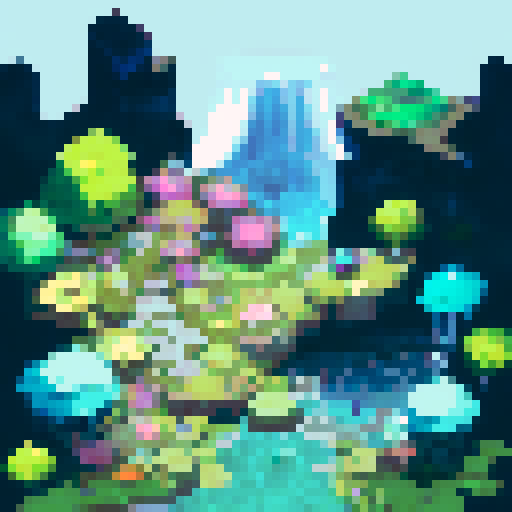 Large waterfalls with extensive plant growth and a pool that emits a feint blue light. 