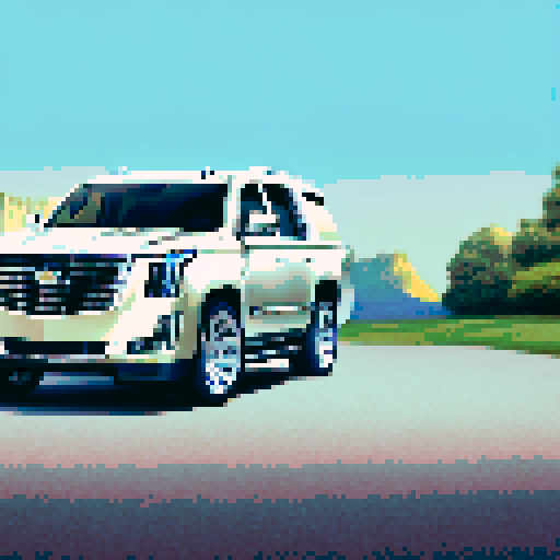 Photorealistic, centered Cadillac Escalade in a three quarter view, right wheel in front, clean background, pixel art style with sRGB colors
