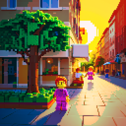 In front of the Lego store in the summer evening, a girl held the hand of a boy, and the leaves fell in the breeze under the setting sun.
