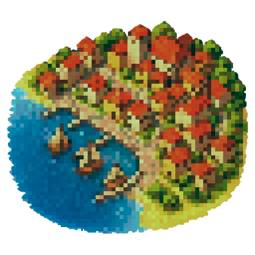 Coastal harbor town, high top-down view, transparent background, sRGB, pixel art

