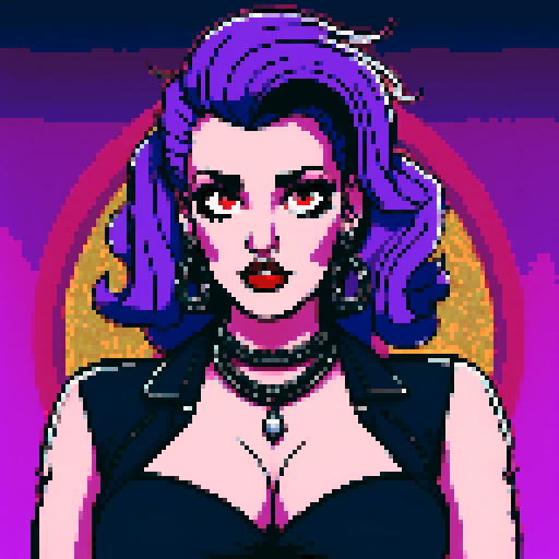 Plus size curvy, cute, busty greaser goth girl, with long purple hair, black eyeshadow, red lipstick. Voluptuous large breasts, wearing halter top and studded collar. Posing for sexy photo. whole head portrait, avatar photo. vibrant sRGB colors, pixel art, edgy aesthetic
