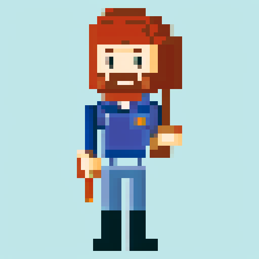 Knight in shining armor, standing tall with auburn locks and piercing blue eyes, brandishing a pixelated sword in his hand as if ready to embark on a journey