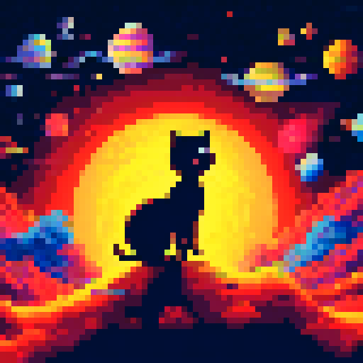 black cat with orange eyes, wandering through galaxies and space, surrounded by planets and comets
