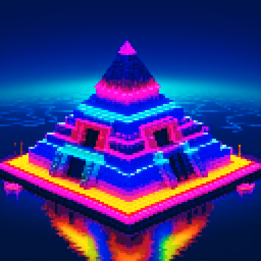 technological Aztec Style Pyramid, shimmering in neon hues, surrounded by frozen waters reflecting the pixel art skyline