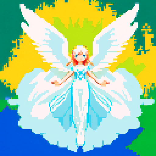 
Beautiful, ethereal angel with shimmering wings and flowing, liquid-like chrome body, rendered in minimalist pixel art with vibrant, dazzling sRGB colors