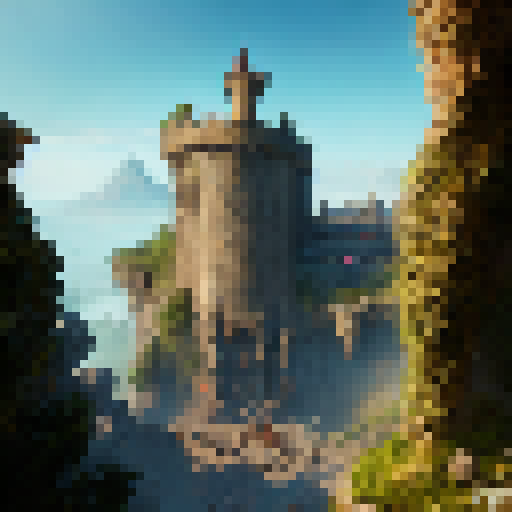 Sunglass-wearing monkey wielding a magical staff, standing atop a castle tower, overlooking a sprawling fantasy kingdom.