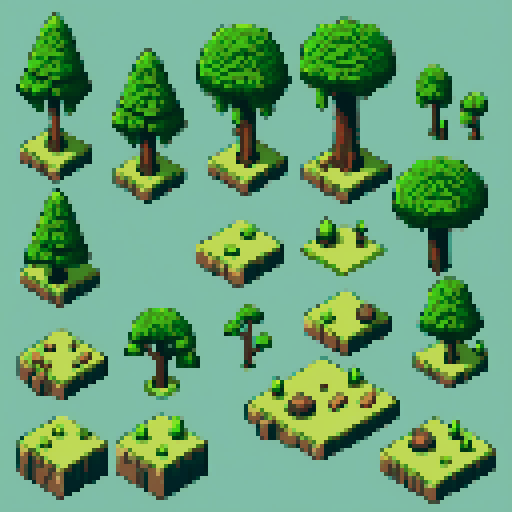 tileset, forest, trees, grass, rocks, top-down
