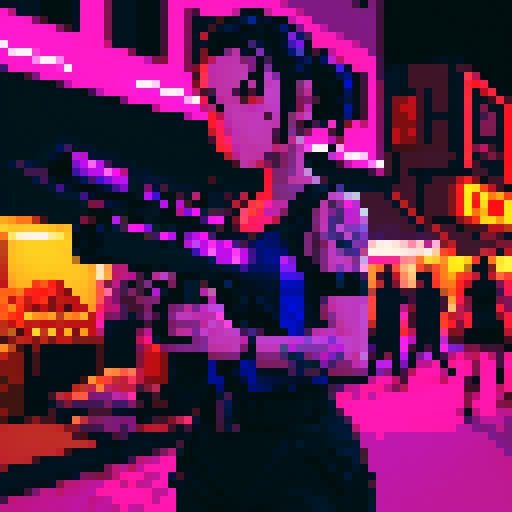 Street merchant assassin girl, neon-lit night market, slicked-back hair, pixelated sniper rifle, fluorescent tattoos, sRGB glow, bustling crowds.
