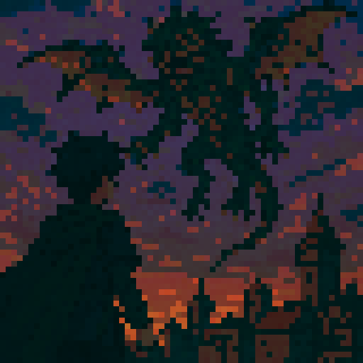 Black haired boy, facing giant monster, flying above in the sky, anime style, medieval, dusk, sRGB, pixel art