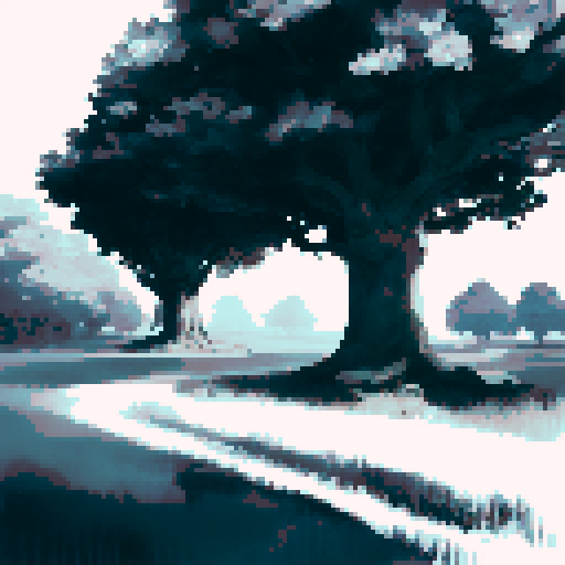 gigantic towering oak tree viewed from afar, nighttime setting, vast black sky with white stars, nostalgic feel, sega genesis style