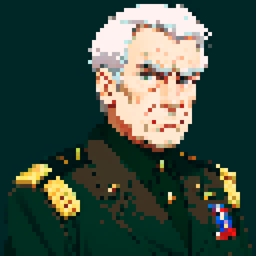 minister of defense, serious expression, graying hair, piercing eyes, close-up, confident stance, anime style, pixel art, military uniform, front view, old man