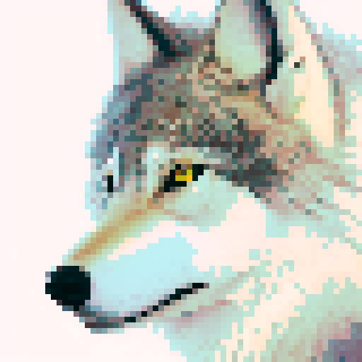 simple wolf, pixelated fur, fierce expression, glowing yellow eyes, sharp fangs, triangular ears, dark grey shading, subtle highlights, intense gaze, black outline, 64x64 pixels, sRGB color palette, skillfully crafted pixel art image