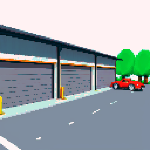 Large open garage for cars, grey, asphalt, tools, auto parts. Cars are being repaired inside, pixel art