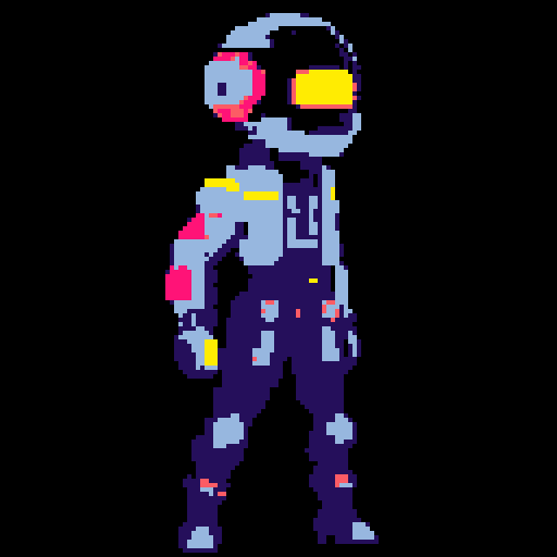 cyberpunk space trader sprite, pixel art, futuristic design, cybernetic arm with intricate detailing, glowing yellow-orange visor over the eyes, trench coat with glowing lines, blue and teal color palette with neon pink and yellow accents, distinct sci-fi aesthetic, confident posture, mid-step with arms extended