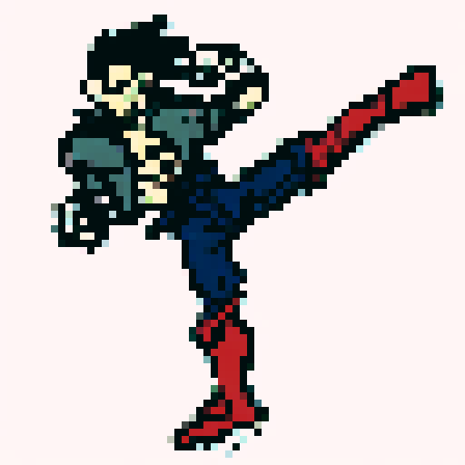 Denim-clad punk thug executes a stylish high kick, grunting fiercely, sporting a gray jacket, blue pants, and brown boots, with an edgy art style.