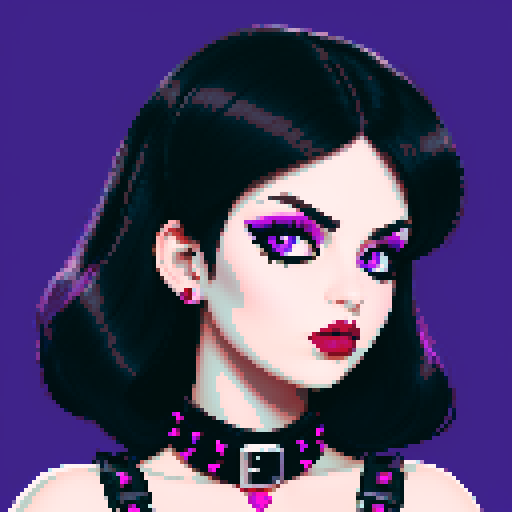 curvy, cute busty goth woman, whole head portrait, black hair, purple eyeshadow, red lipstick, low cut black studded leather halter top, studded collar, vibrant sRGB colors, edgy aesthetic. 