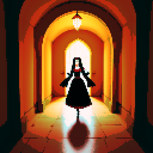 A lady vampire walking through old castle hallways