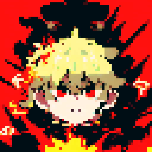 Sinister Final Boss glaring with fiery eyes, towering menacingly as pixelated flames lick at his feet in a dramatic anime-style close-up character portrait.