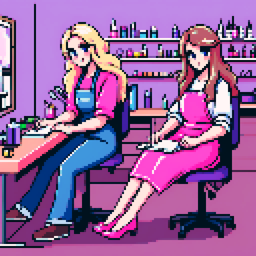 A nail tech with long blonde wavy hair, wearing a pink apron, sitting at a desk. Another girl is sitting on the other side of the desk, wearing jeans and a purple top and has long brown hair. In a nail salon. There are no computers. 