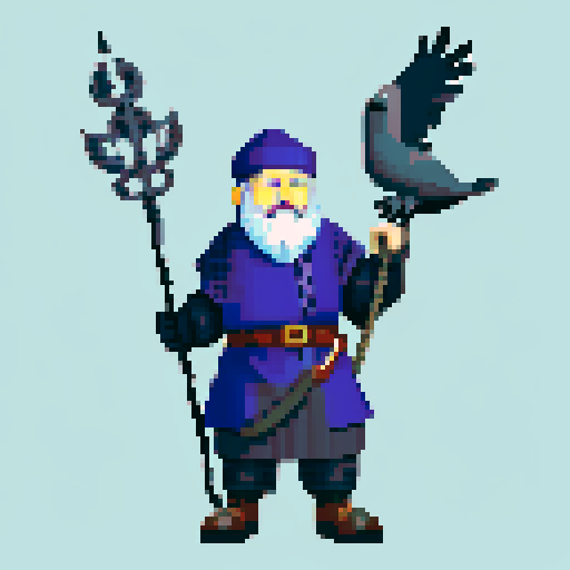 old antropomorphic raven druid with grey beard, with staff in hand