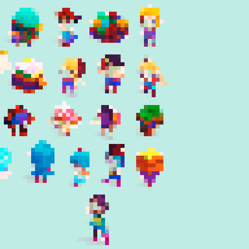 Animation character sheet, cute and vibrant protagonist, with big expressive eyes, flowing and bouncy pixel art hair, wearing a colorful and dynamic pixel art outfit, in a lively and energetic pixel art environment, surrounded by whimsical creatures and challenging platforming obstacles