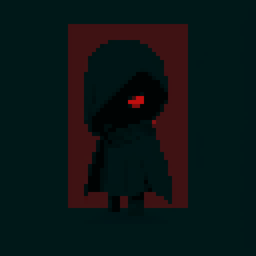 short black cloaked character with red eyes