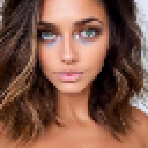 Green-eyed warrior with sandy skin, tousled brown hair featuring baby streaks, and seductive eye shape