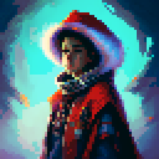 "Create a static image of a red mage character with red bycocket hat, red cloak, and white feather on a blue background reminiscent of an original NES status screen."