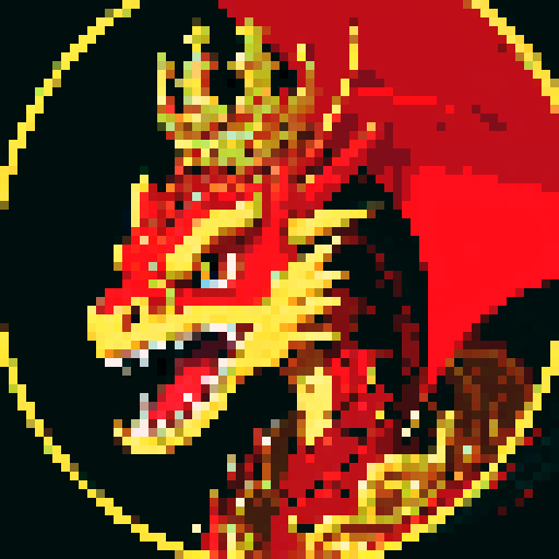 dragon, regal, crown, majestic,  red, gold accents, intricate embroidery, game icon, 32x32 pixel art, sRGB, skill art, close up, portrait