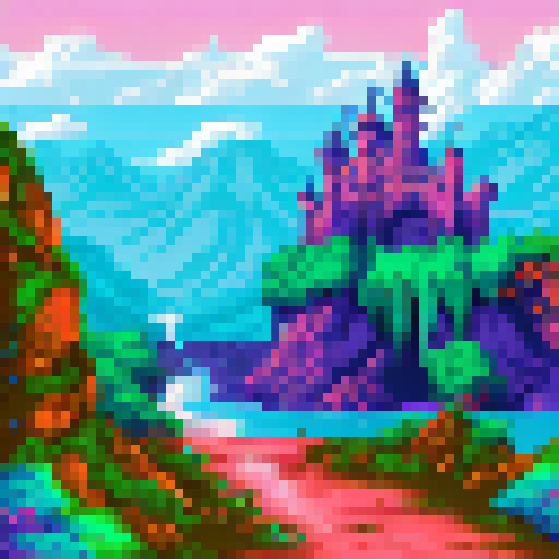 Gothic castle looming over misty mountains, surrounded by lush forests and cascading waterfalls, with a moat filled with shimmering blue water and a grand entrance adorned with golden gates