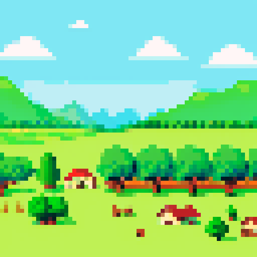 Grassy plain with village, bright sunlight, trees and mountains in background