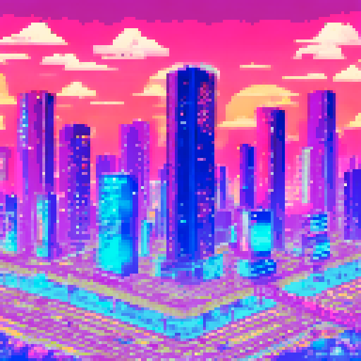 Tokyo skyline, neon-lit skyscrapers, palm trees swaying, glowing city streets, futuristic cars zooming, holographic billboards flickering, vibrant pinks and purples, pixelated buildings, vaporwave aesthetic, sRGB color palette, dreamy cityscape, cyberpunk vibes, illuminated bridges, tranquil river reflecting colorful lights, serene moonlit mountains in the distance