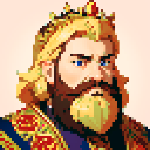 king, regal, crown, majestic, stoic expression, sharp features, royal robe, intricate embroidery, game icon, sRGB, skill art, close up, portrait, detailed beard, blonde, pixel art, sRGB