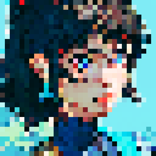 western style, simplified, portrait avatar, woman with shoulder length dark hair, looking at the camera, blue palette, close up, sRGB, pixel art