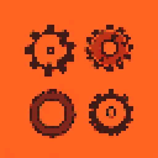 five small rusty copper gears, all different. Usable as assets (clear, thick lines and a solid color background)