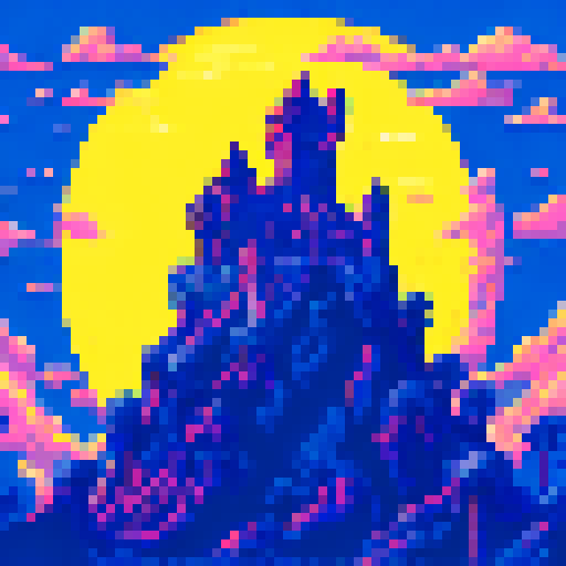 a background layer for my pixel art game called Grim Vampire Hunters, picturing a dark silhouette of a castle atop a mountain, overseeing dark woods, pixel art, foggy, mysterious, landscape portrait