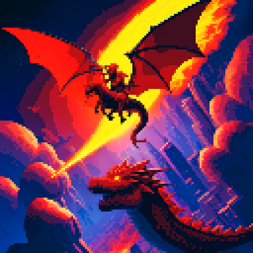 A rock guitarist riding a dragon, flying through a fiery sky above a futuristic city, brandishing his guitar like a sword
