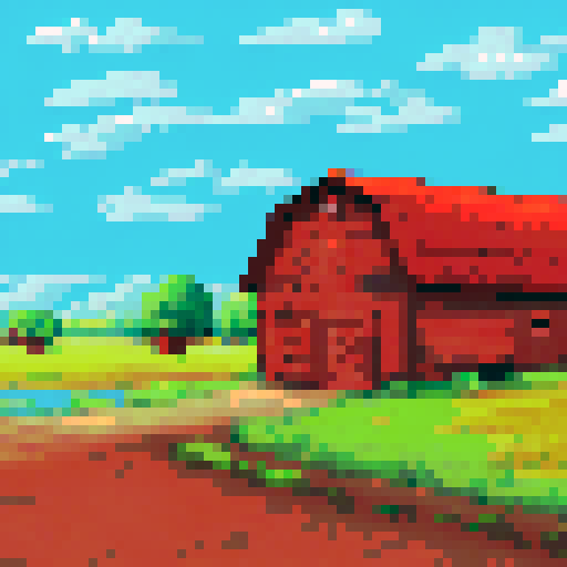 wooden barn, horses, plains field, trees, sky, sRGB, pixel art, background, landscape