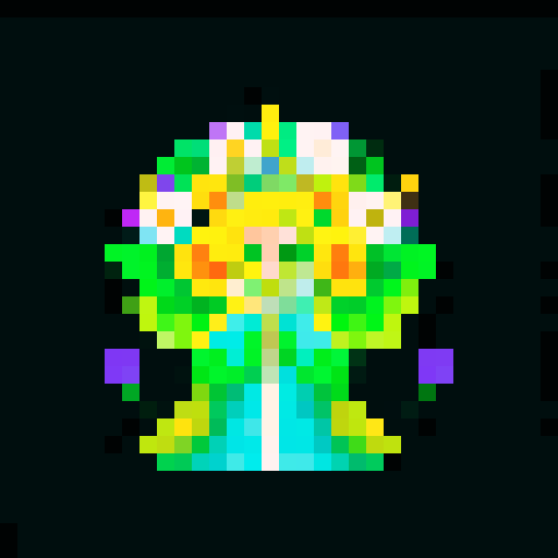 A regal, majestic creature with a crown of flowers, large wings, and a gown made of petals. It has a commanding presence and glowing eyes, radiating an aura of elegance and authority. No background.
