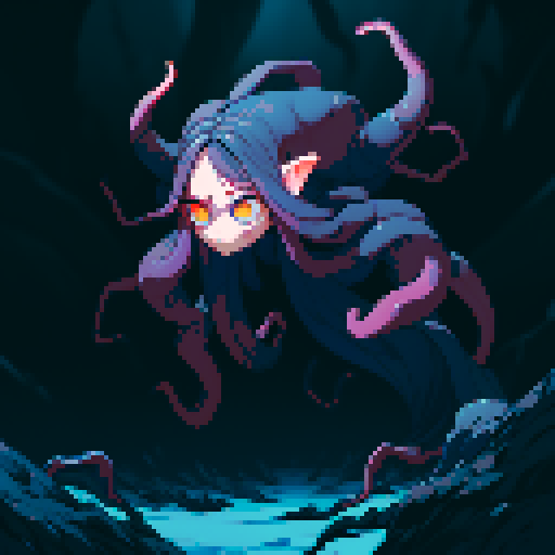eldritch being, tentacles writhing, full body floating, brain pulsating, many eyes staring, eyeballs bulging, no humans, monsyer, sRGB pixel art