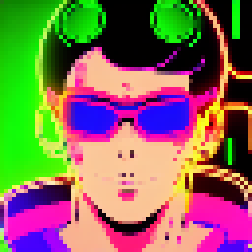 Glowing cyberpunk hacker with slicked back hair and a neon visor, surrounded by flickering neon lights and a futuristic cityscape, all depicted in the vibrant and edgy Yo-Hokki style.
