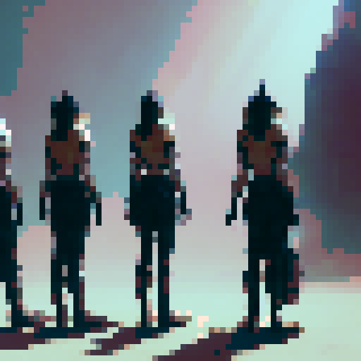 a row of girls looking at the camera in long white t-shirt and golden masks of egyptian kings