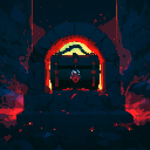 Chest with tattered clothes, eerie red glow, and bony fingers reaching out, emerging from a pixelated tomb in a hauntingly vibrant sRGB color palette
