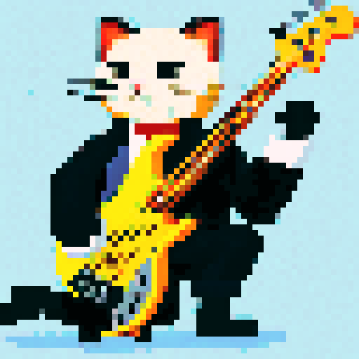 cat playing bass, meme style, pixel art, sRGB
