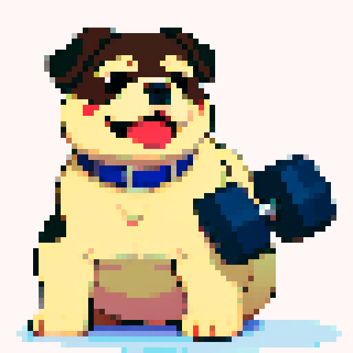 chubby dog with dumbbell