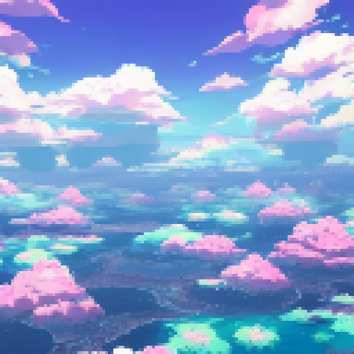 Vibrant, pastel-coloured floating islands, each meticulously detailed and surrounded by fluffy white clouds, rendered in the whimsical, anime style.