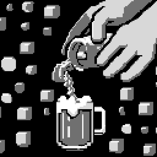 hand pouring beer, foamy bubbles floating, vibrant colors, blocky pixels, retro arcade game vibes, low resolution, reminiscent of 8-bit art, glowing neon hues, crisp edges, nostalgic gaming aesthetic, glowing pixelated foam, animated GIF style