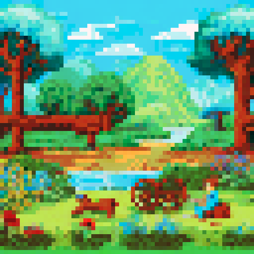 a beautiful countryside with a river and a water wheel, a horse and some children having a picnic