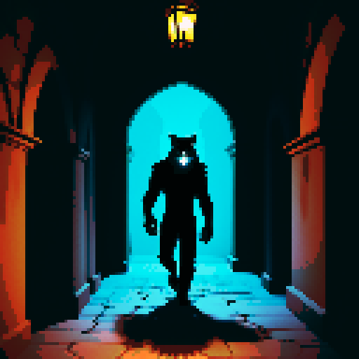 A man changing into a werewolf in a old castle hallway.