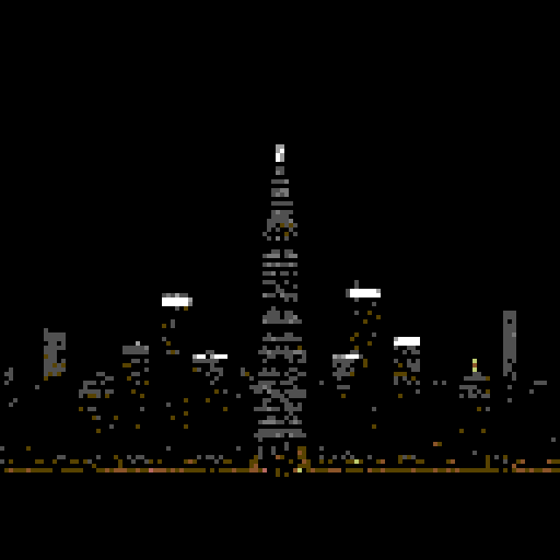 large skyscrapers at night, large black sky, white shining stars, viewed from afar, retro, nostalgic feel
